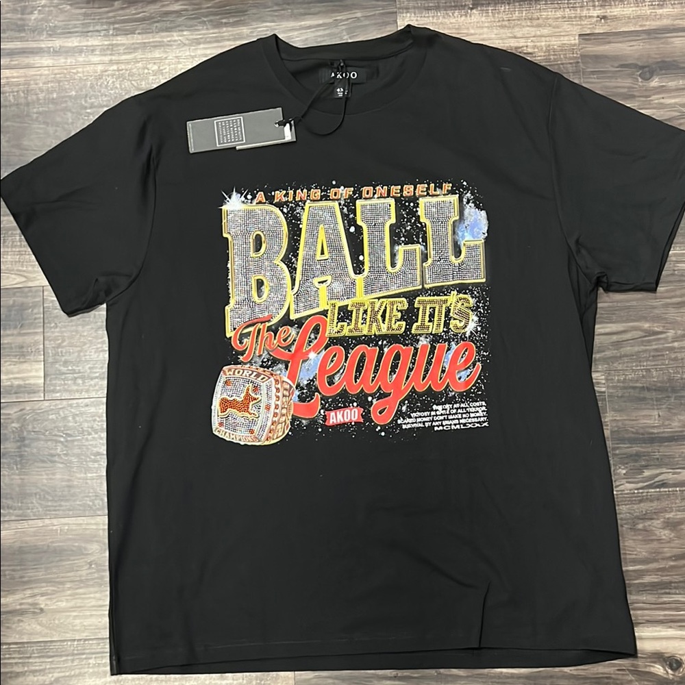 4XL Men’s Akoo Black Graphic T-Shirt with Rhinestones